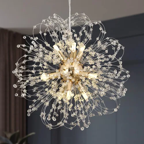 Vista 12 de Candelabros de cristal de fuegos artificiales, moderna lámpara de diente de león cromada, lámpara colgante Sputnik de 8 luces para dormitorio, isla