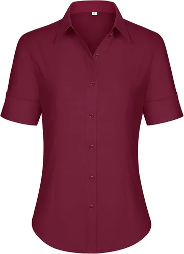 Vista 9 de siliteelon Camisas de vestir de manga corta con botones para mujer, camisas de algodón con botones para mujer, blusa ajustada de manga 3/4
