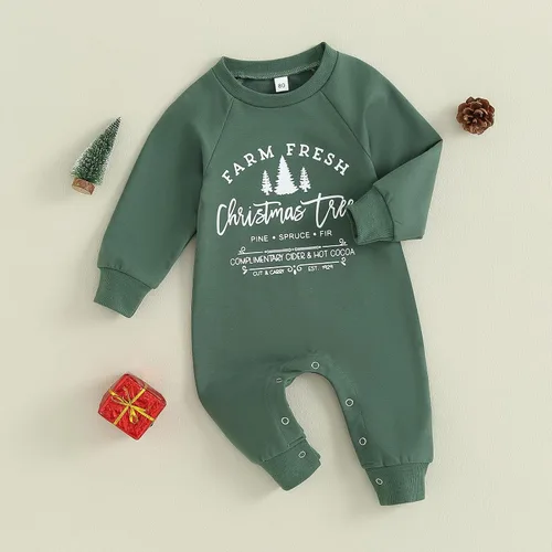 Vista 2 de BULINGNA Mameluco de Navidad para bebés, niños y niñas, diseño de árbol de Navidad, estampado de letras para otoño e invierno