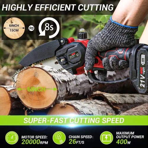 Vista 2 de Mini motosierra inalámbrica de 6 pulgadas con 2 baterías, motosierra eléctrica de mano para un corte eficiente, ligera y fácil de usar (rojo + negro)