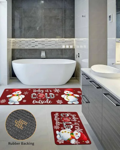 Vista 5 de Tapete de baño de muñeco de nieve rojo para bañera, antideslizante, de secado rápido y absorbente, tierra de diatomeas, fregadero, dormitorio