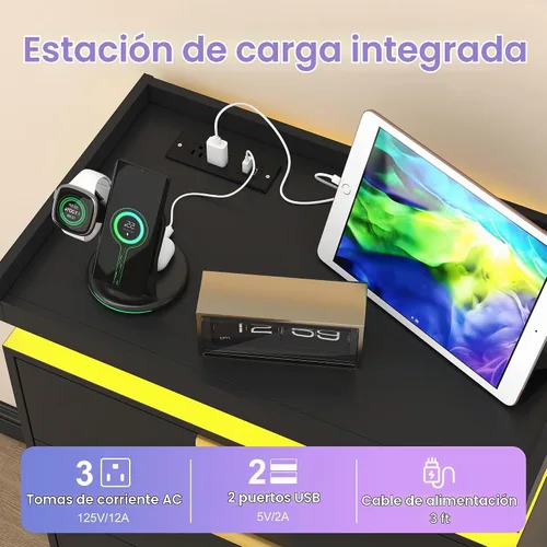 Vista 4 de UNIQUITE Cómoda negra con luces LED y toma de corriente, cómoda alta de madera con 4 cajones para dormitorio, cómoda moderna para dormitorio