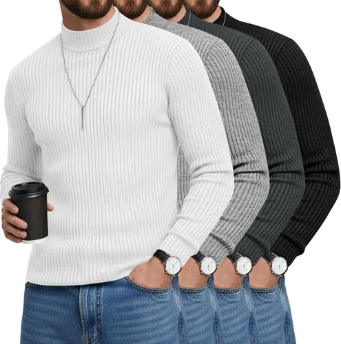 Vista 22 de Paquete de 4 Camisetas de Cuello Alto Simulado para Hombre de Algodón de Punto Acanalado de Manga Larga Pullover Ajustado Casual Suéteres Básicas