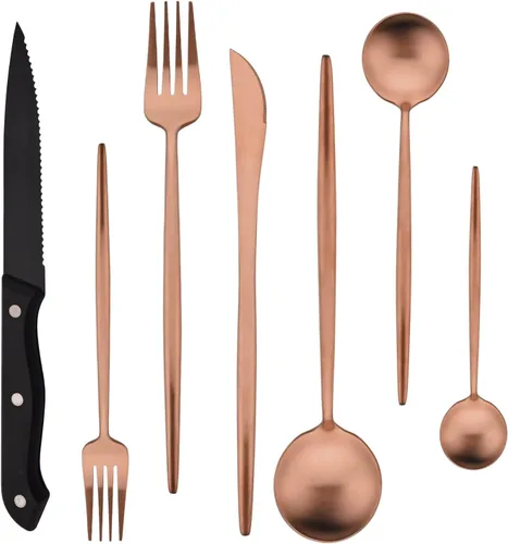 Vista 9 de Juego de cubiertos de 28 piezas con cuchillos para carne, cubiertos de acero inoxidable 18/8, juego de cubiertos modernos para 4 tenedores de Negro