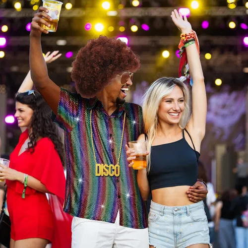 Vista 5 de 4 piezas de disfraz de discoteca de los años 70 para hombre, trajes hippie de los años 70 para hombre, incluye lentejuelas de manga corta, camisa