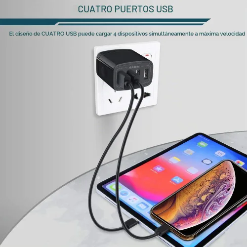 Vista 5 de Cargador de pared, adaptador de cargador USB, estación de carga rápida AILKIN 4.8A, 4 puertos múltiples, bloque de base de alimentación, enchufe