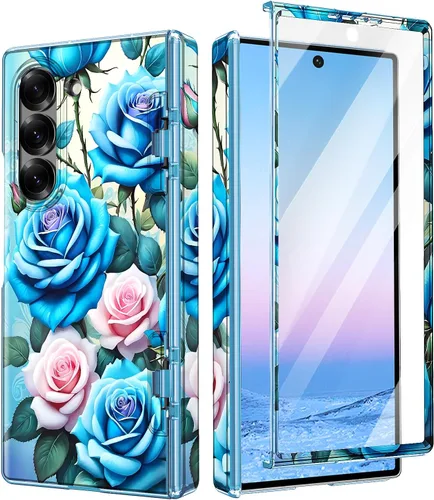 Vista 27 de Btscase Funda para Samsung Galaxy Z Fold 5, protector de pantalla frontal integrado, patrón de mármol dorado con purpurina de policarbonato duro