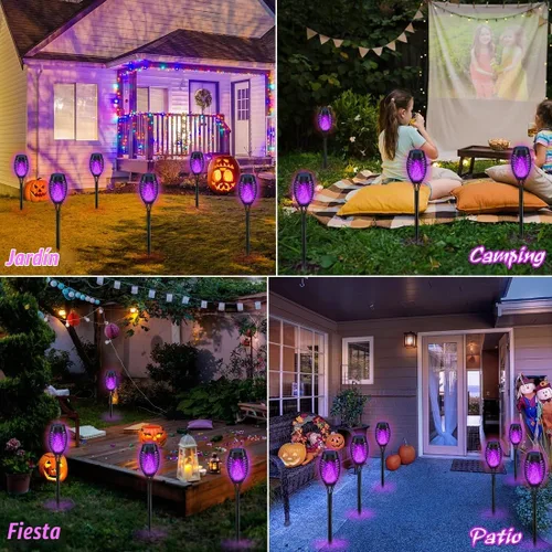Vista 2 de Decoraciones de Halloween al aire libre llama parpadeante púrpura luz solar
