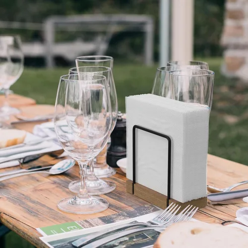 Vista 4 de Servilletero para mesa, dispensador de servilletas de hierro de acacia para cocina, mesa de comedor, granja, cóctel, picnic, soportes de madera