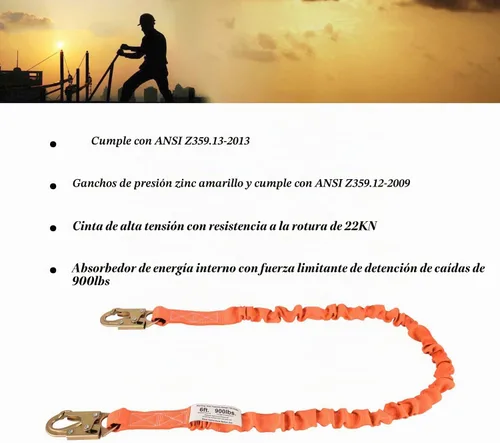 Vista 3 de Cordón interno de seguridad de absorción de impactos de 6 pies con conectores de gancho de doble forja, equipo de protección contra caídas