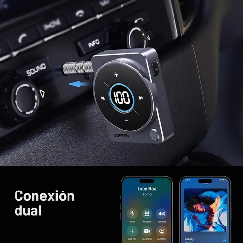 Vista 8 de UGREEN Adaptador Bluetooth 5.4 para automóvil, [cancelación de ruido] Receptor Bluetooth Aux para automóvil, receptor de audio inalámbrico de 3.5mm