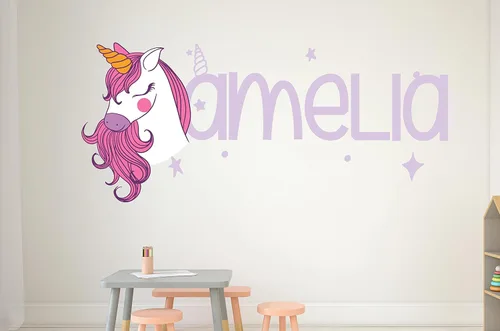 Vista 3 de Calcomanías de pared personalizadas de unicornio para dormitorio de niñas, calcomanías de pared con nombre personalizado de unicornio, decoración