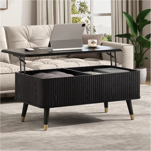 Vista 9 de Mesa de centro elevable con almacenamiento, mesa central negra de 32 pulgadas para sala de estar, mesa de comedor cuadrada con patas de madera maciza
