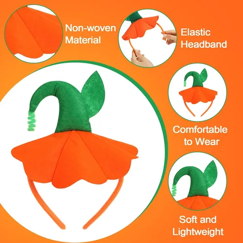 Vista 4 de Tigeen 24 diademas de calabaza de Halloween, diadema de tallo de calabaza, sombrero de calabaza para mujer, bandas para el cabello para mujeres