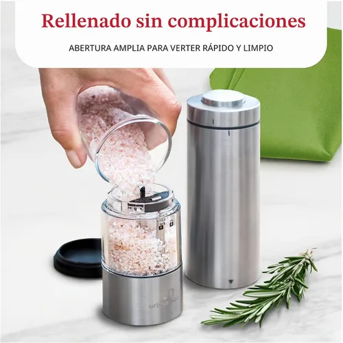 Vista 4 de Juego de molinillos eléctricos de sal y pimienta - Molino de acero inoxidable operado por batería con luz (2 molinos) - Operación automática con una
