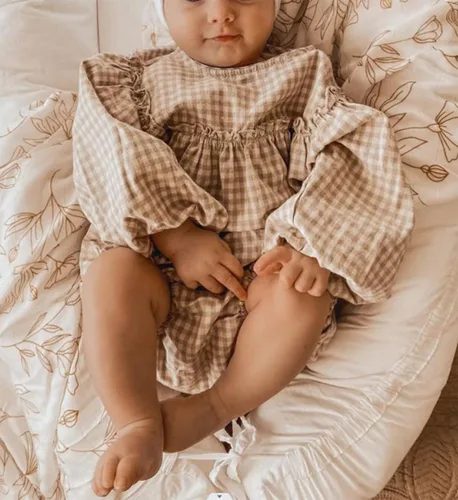 Vista 3 de Douhoow Mameluco a cuadros para bebé niña, sudadera con volantes, ropa para festivales de otoño e invierno con diadema