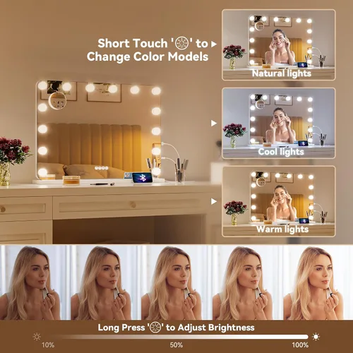 Vista 5 de Hasipu Espejo de maquillaje LED con altavoz Bluetooth, espejo de maquillaje de 31 x 22 pulgadas con luces y aumento, espejo Hollywood con 3 modos