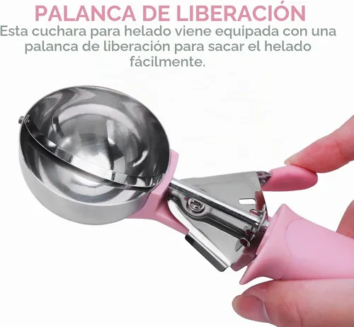 Vista 5 de Cuchara de helado, cuchara de frutas para galletas con mango de agarre cómodo, cuchara de helado de acero inoxidable con palanca de gatillo