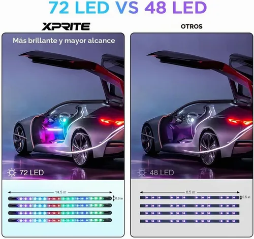 Vista 4 de Xprite Tira de luces LED Dreamcolor para interior de auto con Bluetooth, control remoto y aplicación, luces RGB de persecución para espacio