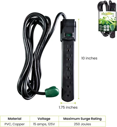 Vista 2 de GoGreen Power (GG-16103M-12BK) Protector de sobretensiones de 6 tomas, 250 julios, negro, cable de 12 pies