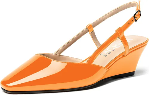Vista 9 de MERRORI Zapatos de tacón bajo de cuña con hebilla y punta cuadrada para mujer, de patente sólida, de 2 pulgadas Beige