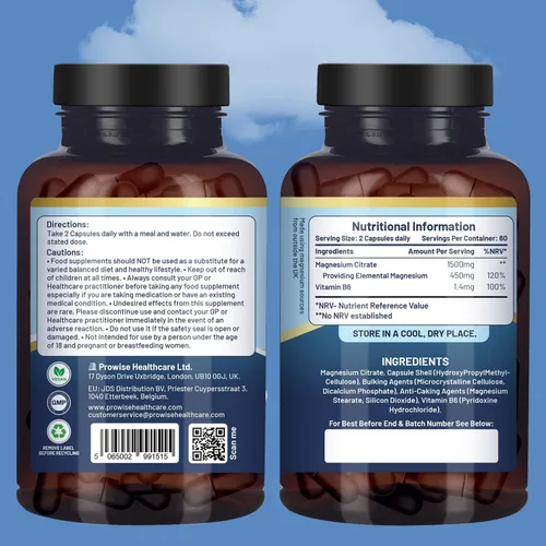 Vista 2 de Cápsulas de citrato de magnesio de 1500 mg con vitamina B6 120 cápsulas veganas 450 mg de magnesio elemental Cápsula sin tabletas Fabricado