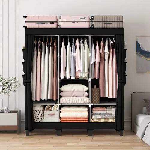 Vista 3 de Armario portátil, caja de almacenamiento de ropa, armario simple para colgar ropa, múltiples estantes y 3 barras, 6 bolsillos laterales (negro)
