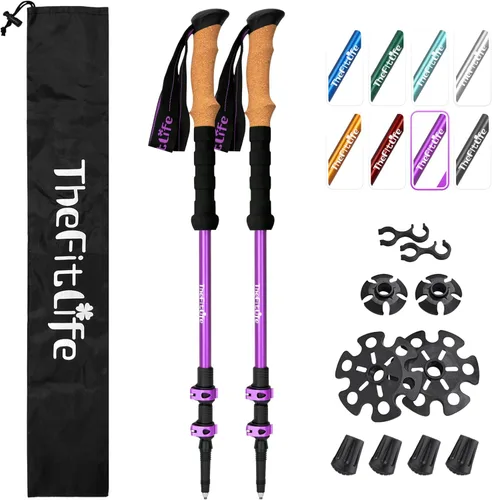 Vista 10 de TheFitLife Bastones de senderismo para senderismo y caminar, aluminio ligero 7075 con bloqueo de metal y agarre de corcho natural, bastones