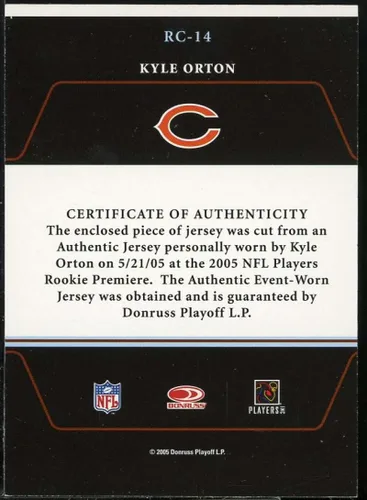 Vista 2 de Kyle Orton Rookie Card 2005 Zenith Rookie Roll Call Jerseys #RC14