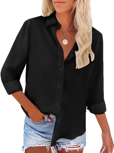 Vista 9 de Camisas de manga larga con botones para mujer, sin arrugas, para trabajo, oficina, con bolsillo