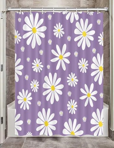 Vista 16 de Cortina de ducha con diseño floral de margaritas azules para caravana, remolque, baño, lindo juego de cortinas de ducha de tela estrecha y corta