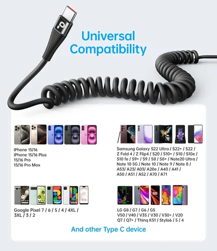 Vista 7 de Cable USB C de carga rápida, paquete de 2 cables de carga USB A a USB C en espiral de 3 pies para automóvil, cable de carga USB-C compatible