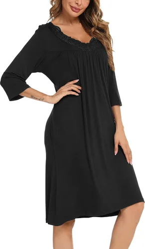 Vista 4 de YYA Camisones para mujer, manga 34, ropa de dormir de encaje cómoda, plisada, cuello en V, talla grande, tallas S-4XL