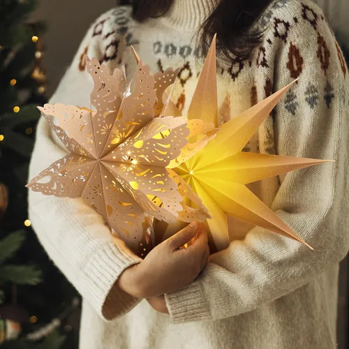 Vista 5 de Leinuosen Juego de 10 Faroles de Papel de Copo de Nieve de Navidad, Faroles de Estrella de Papel con 10 Luces LED, Lámpara de Estrella Colgante