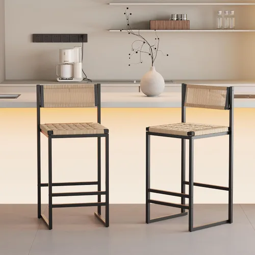 Vista 16 de Juego de 2 taburetes de bar modernos tapizados de piel sintética sin brazos con respaldo para bar en casa, comedor, isla de cocina, bistró, club