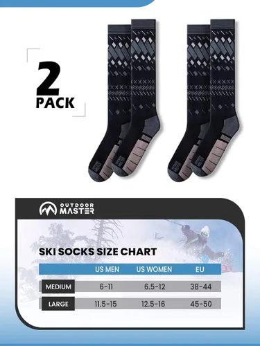 Vista 5 de OutdoorMaster Calcetines de esquí, paquete de 2 pares de calcetines de esquí y snowboard para hombres y mujeres con diseño OTC con puño