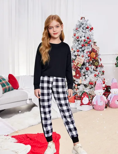 Vista 2 de Arshiner Conjunto de 2 piezas para niñas, camiseta corta de manga larga y pantalones de descanso con bolsillos
