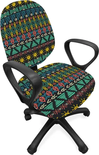 Vista 47 de Lunarable Funda para silla de oficina tribal, diseño azteca, nativo americano, geométrico, simbolismo étnico con espirales de triángulos, elástico
