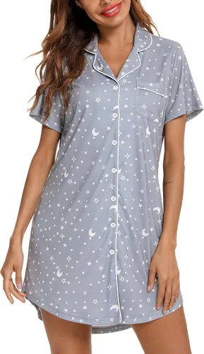 Vista 82 de Samring Camisón de pijama para mujer, manga corta/larga, con botones, camisón para dormir, camisón para novio, talla XXL