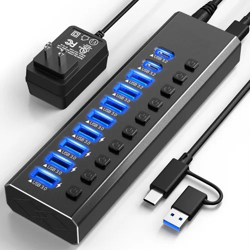 Vista 8 de Hub USB 3.0 alimentado de aluminio de 10 puertos USB 3.0 Hub de datos con adaptador de corriente de 12V/4A (48W) e interruptores individuales
