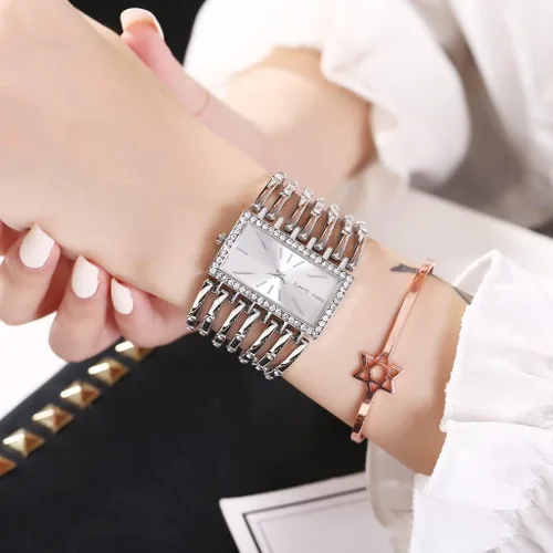 Vista 4 de Relojes de pulsera de moda para mujer, reloj de pulsera analógico de cuarzo con esfera rectangular de lujo, regalos para mujer