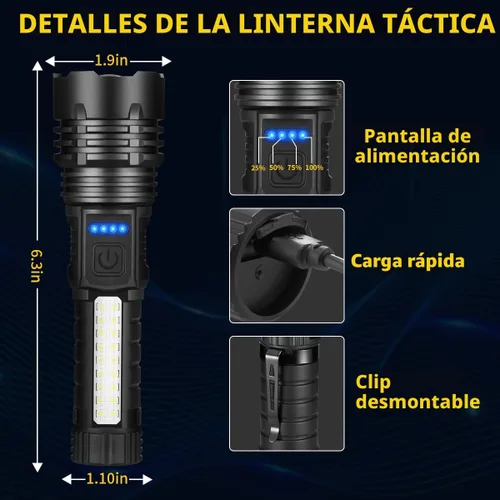 Vista 5 de Linternas Recargables de Alto Lúmenes, 7Modo Super Brillante para Acampar, Luz Táctil Ajustable de Alta Potencia, Linternas LED para Emergencias