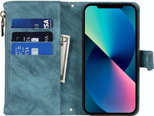 Vista 6 de Funda para iPhone 13/14 con tarjetero para mujeres y hombres, con soporte para iPhone 14 con correa de hombro, funda de piel con cremallera y Cordón
