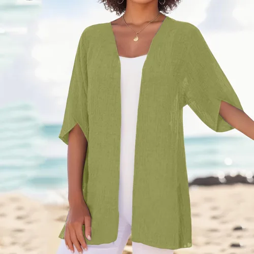 Vista 2 de Cárdigan casual de algodón con frente abierto para mujer, ligero, manga corta, talla grande, cárdigan de verano, blusa fluida