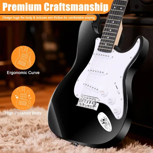 Vista 9 de Guitarra eléctrica Zeny 39 pulgadas tamaño completo, con amplificador, funda y accesorios, paquete para principiantes, Negro