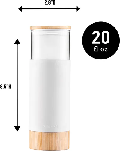 Vista 5 de Vaso de vidrio prémium de 20 onzas con popote y tapa de bambú y base con funda protectora de silicona, sin BPA, botella de agua Growler