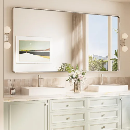 Vista 38 de TokeShimi Espejo de pared de baño de níquel cepillado de 20 x 30 pulgadas, marco de metal, esquina redonda, rectangular, para decoración del hogar