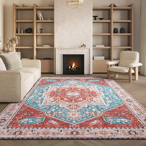 Vista 8 de SAFAVIEH Tucson Collection - Alfombra lavable de 2 pies 6 x 8 pies, color aguamarina y al óxido, antideslizante, ideal para zonas de alto tráfico