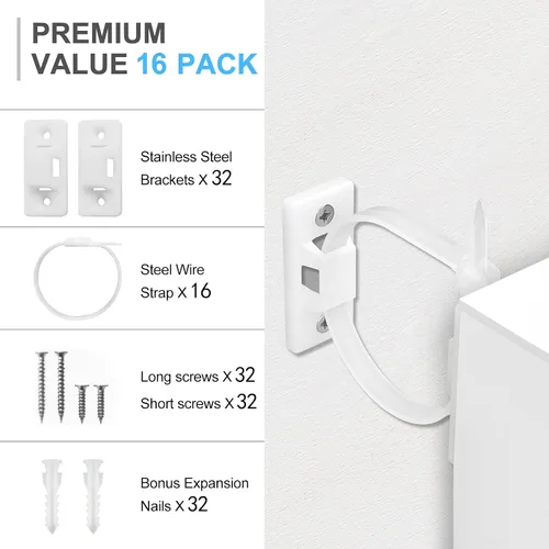 Vista 6 de Utook Anclajes para muebles (paquete de 16) para bebés, kit de anclajes de muebles anti punta, anclajes de pared para gabinete que protegen a
