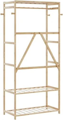 Vista 5 de Perchero de bambú independiente con 3 estantes de almacenamiento y ganchos, soporte de ropa resistente para dormitorio, pasillo, 31.5 x 15.7 x 68.9
